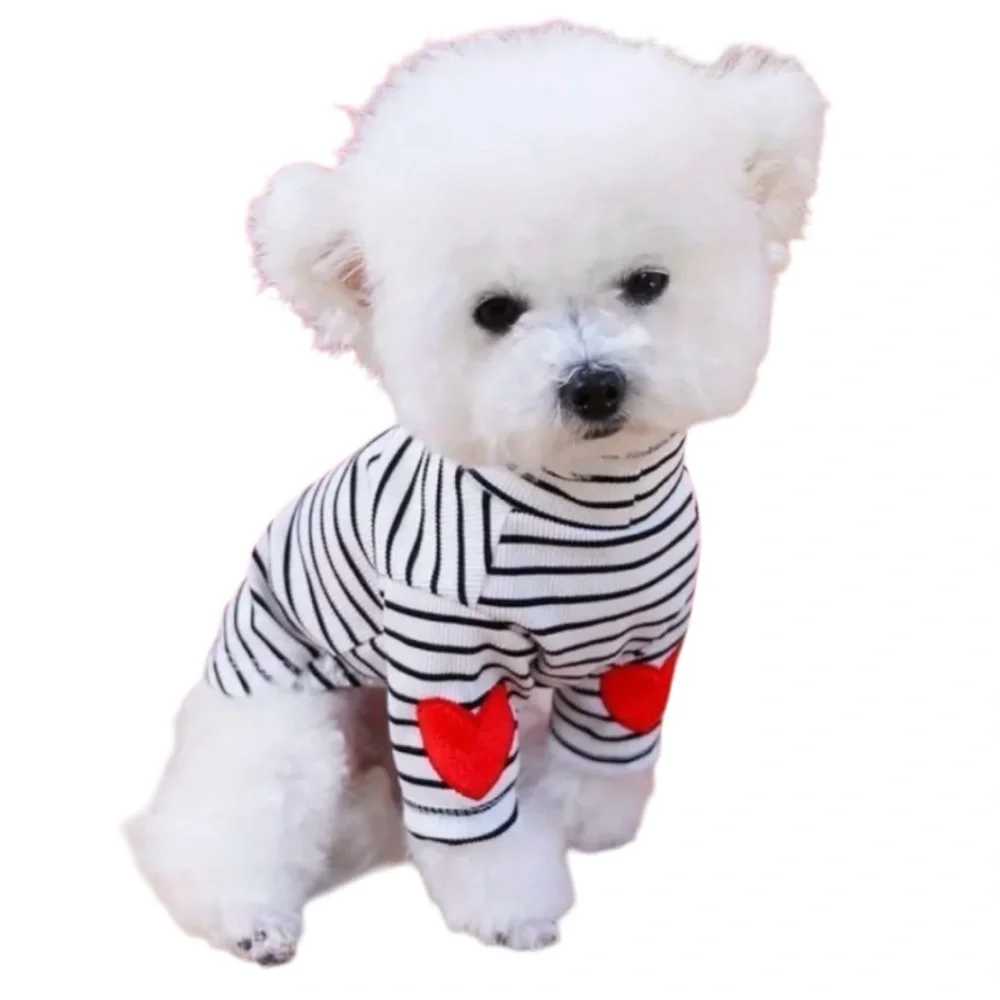 ADORABLE BLACK & WHITE STRIPE PULLOVER DOG SWEATER WITH RED HEART ACCENTS